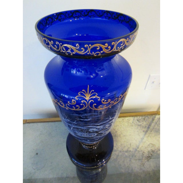 20th Century Snow Painted Cobalt Blue Glass Vase Gold Scrolled Relief Outdoor Scene For Sale In Los Angeles - Image 6 of 9