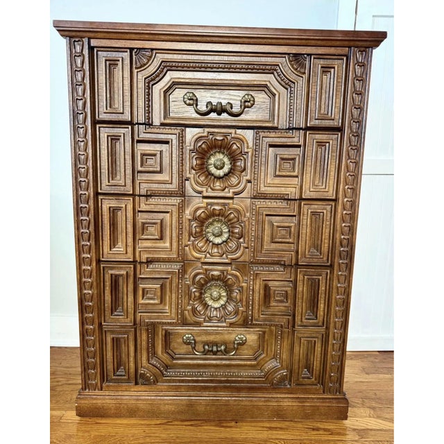 Spanish Revival Vintage Brutalist-Spanish Revival Bedroom Set by Bassett - Chest of Drawers & Long Lowboy Dresser For Sale - Image 3 of 5