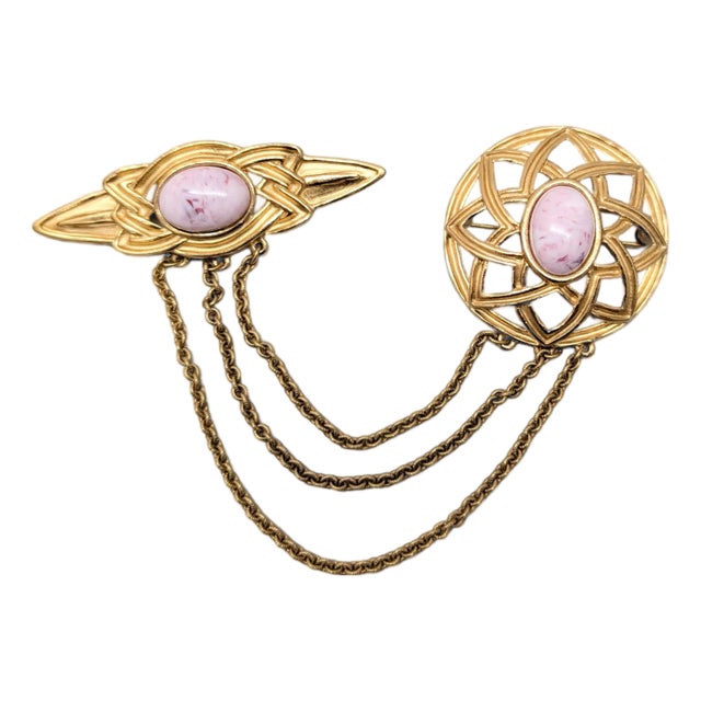Vintage 1980s Signed Monet Goldtone Pink Cabochon Chatelaine Brooch For Sale