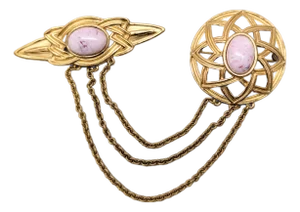 Vintage 1980s Signed Monet Goldtone Pink Cabochon Chatelaine Brooch