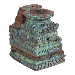 Antique Teak Wood Pillar Candle Holder | Distressed Blue Architectural Corbel | Rustic Farmhouse Table Decor | Vintage Indian Bookend Gift For Sale