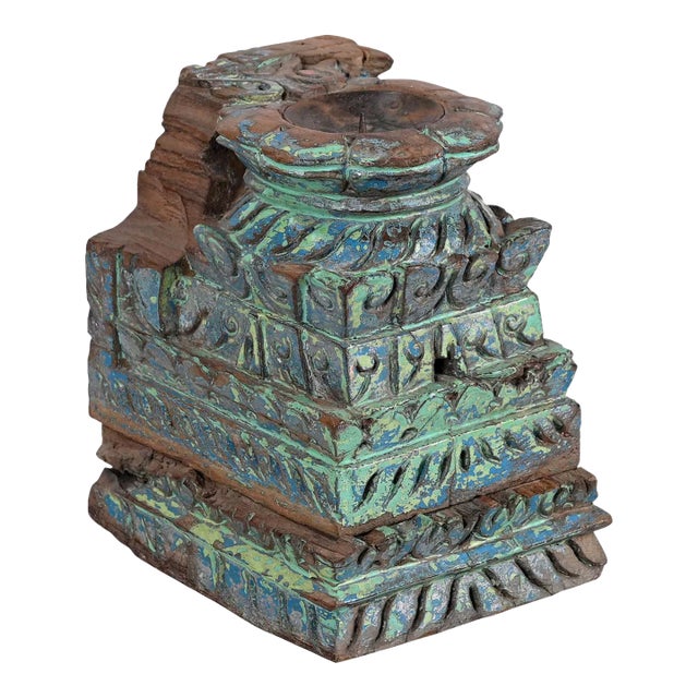 Antique Teak Wood Pillar Candle Holder | Distressed Blue Architectural Corbel | Rustic Farmhouse Table Decor | Vintage Indian Bookend Gift For Sale