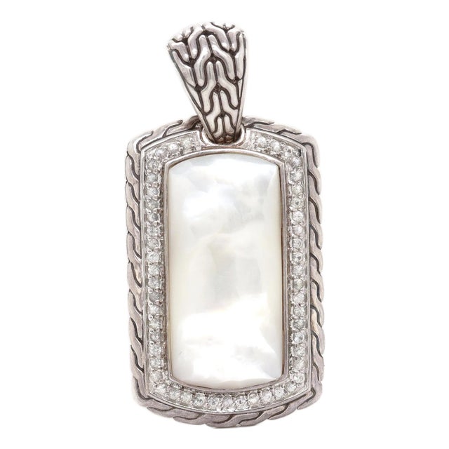 John Hardy Silver Mother of Pearl and White Sapphire Naga Dog Tag Pendant For Sale