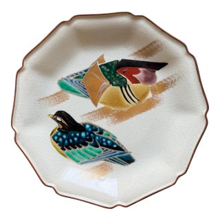 Vintage Japanese Kutani Mandarin Duck Motif Round Decorative Display Polygonal Plate 10" For Sale