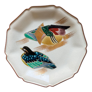Vintage Japanese Kutani Mandarin Duck Motif Round Decorative Display Polygonal Plate 10"