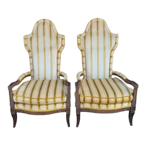 Vintage Extra Tall Chenille Gold Cream Metallic Striped Hollywood Regency Pagoda Wood Side Arm Chairs- a Pair