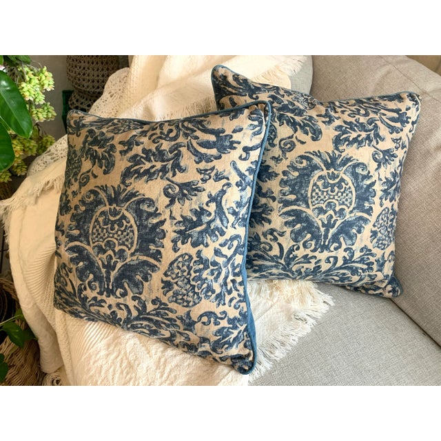 Blue Pair Vintage Lauren Ralph Lauren Decorative Pillow Landing Damask Blue Scroll Design 18” X 18” For Sale - Image 8 of 12