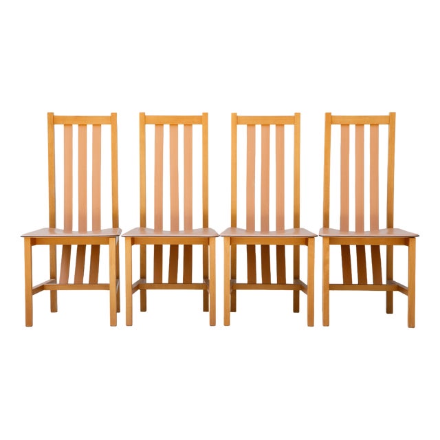 Wooden and Leather Chairs from Bross Company, Italy, 1980s, Set of 4 For Sale