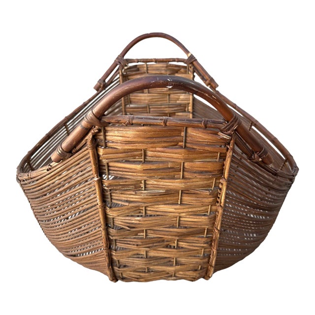 Vintage Woven Rattan/Wicker Gathering Basket For Sale