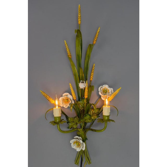 Italian Toleware White Poppy and Wheat Green Floral Bouquet Two-Light Sconce, 1960s For Sale - Image 4 of 18