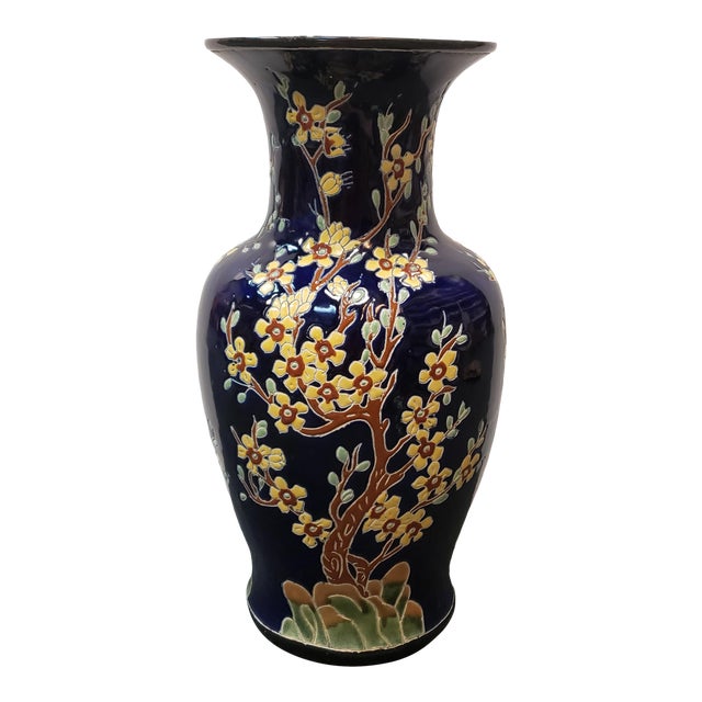 Circa 1970 Chinese Fencai/Famille Rose Style on Cobalt Ground Porcelain Vase With Plum Blossoms For Sale