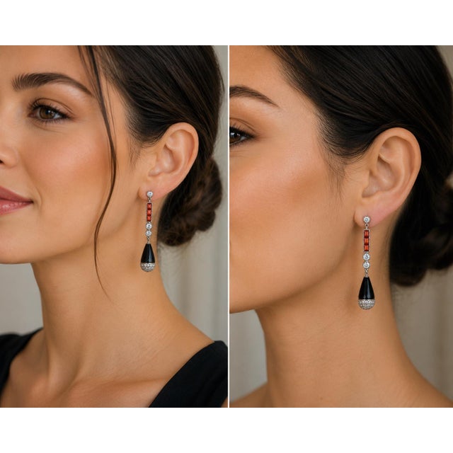 1990s Pair of French Art Deco Revival Platinum Diamond Coral Onyx Drop Earrings For Sale - Image 12 of 12