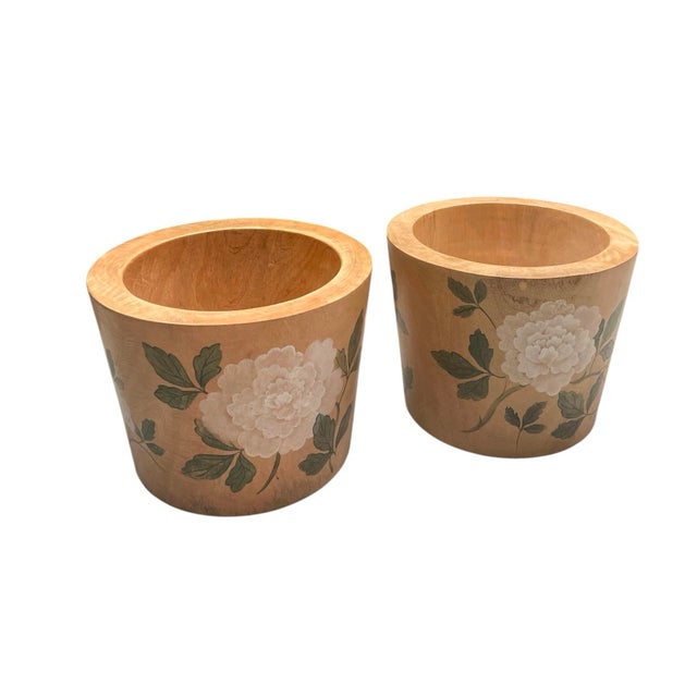 2000 - 2009 A Pair of Vintage Solid Teak Hand-Painted Floral Cache Pots For Sale - Image 5 of 12
