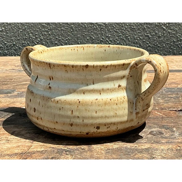 Khaki Vintage Original Studio Pottery Two Handle Bowl For Sale - Image 8 of 12