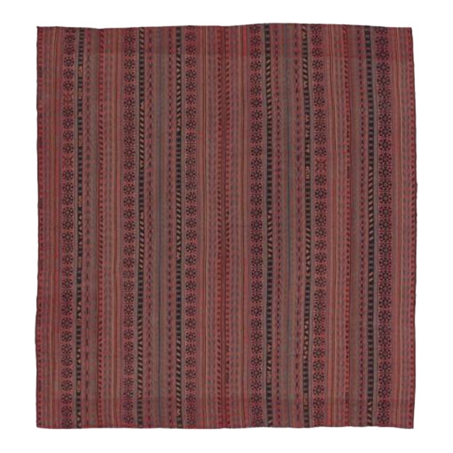 Vintage Persian Tribal Square Kilim, Red & Teal Geometric Stripes - Rug & Kilim For Sale