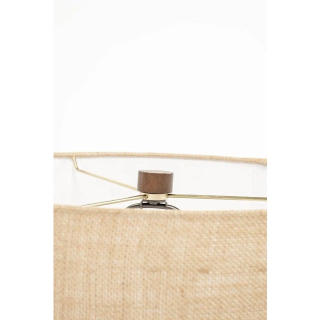 Dark gray ceramic cylinder-shape table lamp, custom-made from hand-thrown glazed ceramic cylinder finished with walnut...