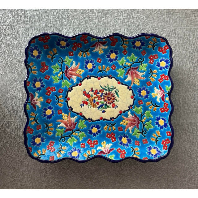Exquisite, antique hand-decorative earthenware serving tray by Emaux de Longwy, France. Very good preowned condition; no...