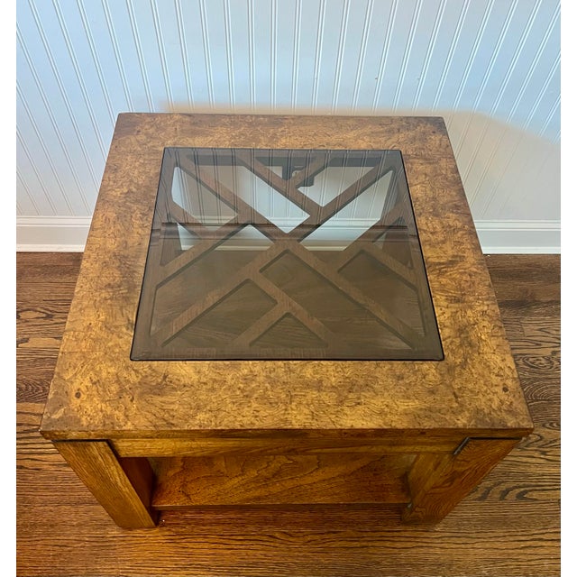 Vintage 1970’s Gordon's Fine Furniture Burlwood Smoked Glass Coffee, End and Accent Table Set For Sale In New York - Image 6 of 11