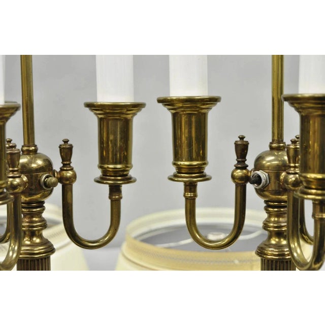 Vintage French Country Tole Metal Shade Brass Column Candelabra Table Lamps Pair For Sale - Image 12 of 16