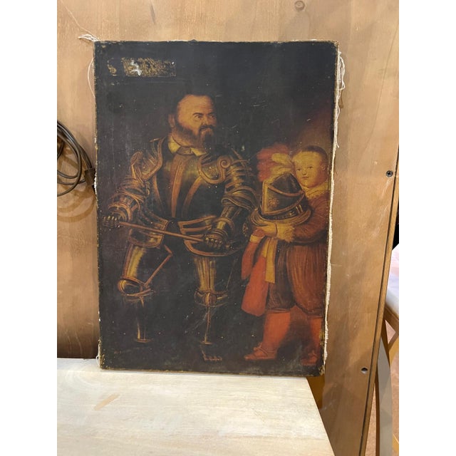 Striking vintage Old Master–style portrait painting depicting a richly dressed armored nobleman standing beside a child...