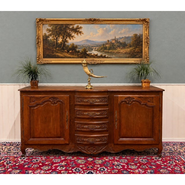 Brown Antique French Louis XV Bow Front Buffet Sideboard Server Carved Oak C. 1930s For Sale - Image 8 of 18