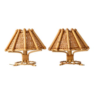 Vintage French Riviera Rattan Table Lamps in the style of Louis Sognot, 1960s, Set of 2 For Sale