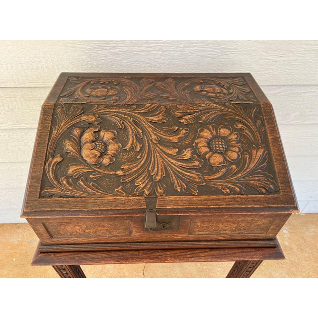 Wood Antique English Slant Top Bible Box Desk Stand Jacobean Carved Oak Lectern C1890 For Sale - Image 7 of 18
