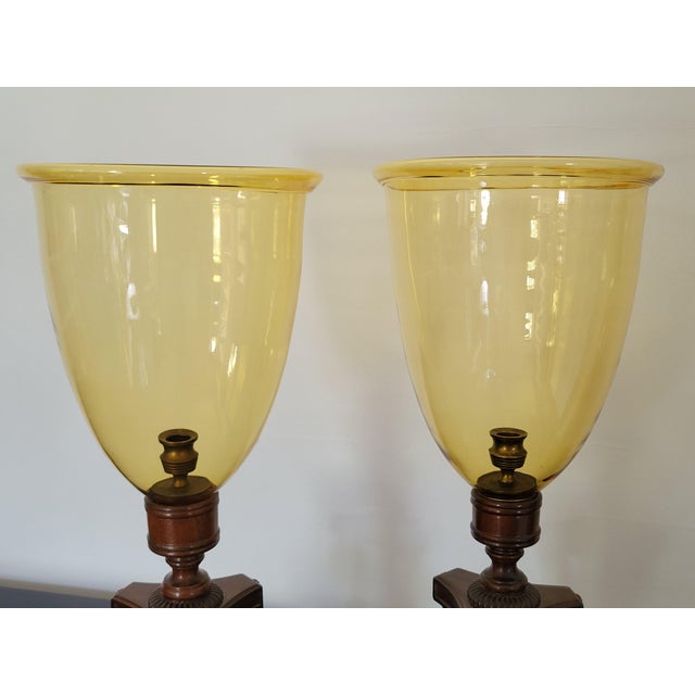Traditional Vintage Pair of Amber Glass and Wood Photophores Hurricane Lamps For Sale - Image 3 of 6