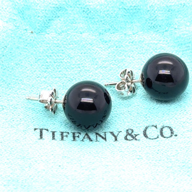 Tiffany & Co. Black Onyx Ball Stud Earrings in Sterling Silver 10mm 3.51g, A Pair For Sale - Image 6 of 7