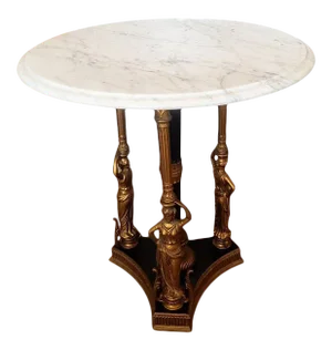 French Neoclassical Empire Revival Guéridon Figural Gilt Bronze Round White Marble Side Table