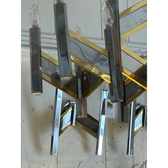 Mid-Century Modern Midcentury Modern Brass & Chrome Italian Designer Sciolari Chandelier For Sale - Image 3 of 12