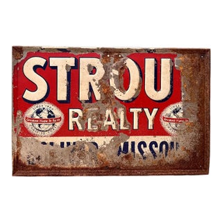 Vintage Strout Realty Advertising Tin Litho Sign For Sale