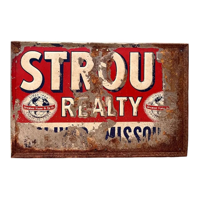 Vintage Strout Realty Advertising Tin Litho Sign For Sale