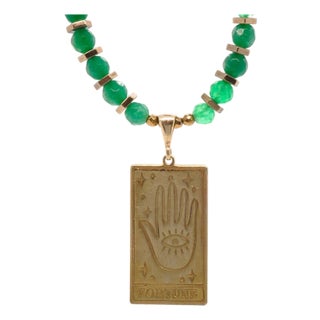 Tarot Good Fortune Gold Pendant Green Beaded Necklace For Sale