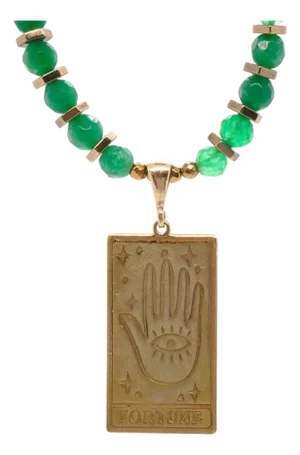 Tarot Good Fortune Gold Pendant Green Beaded Necklace