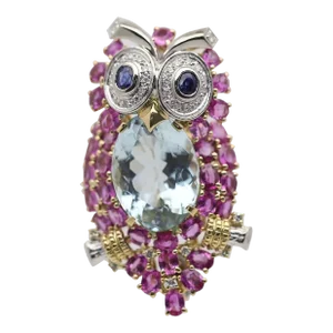 Aquamarine Diamond Sapphire Gold & Platinum Owl Brooch