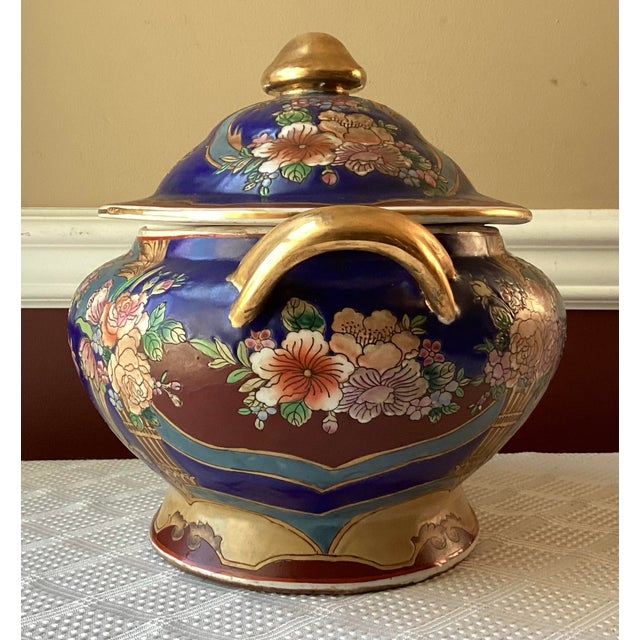 Asian Antique Vintage Chinese Porcelain Tureen, Hand Painted, Royal Blue & Gold Floral For Sale - Image 3 of 12