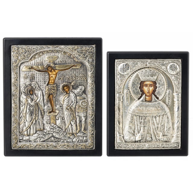 Orthodox Icons with Silver Plating, 1900s, Set of 2 For Sale - Image 5 of 6