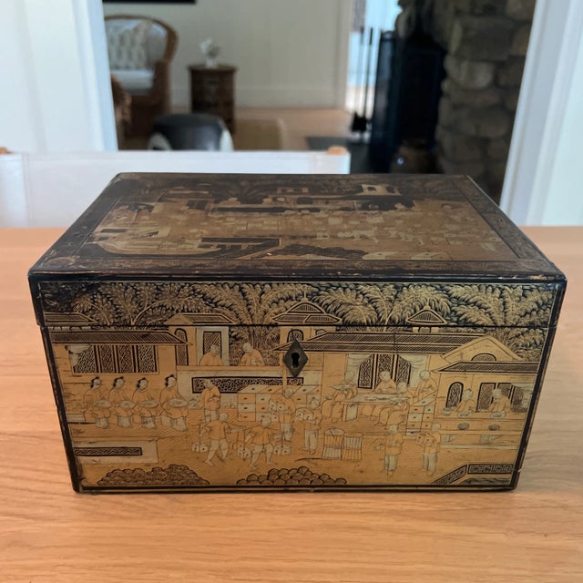 Wood Antique Chinese Black Lacquered Tea Caddy For Sale - Image 7 of 11