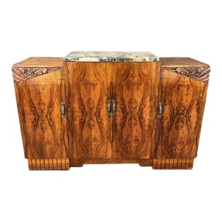 Early 20th Century Monumental Art Deco Crotch Walnut Marble Top Buffet For Sale