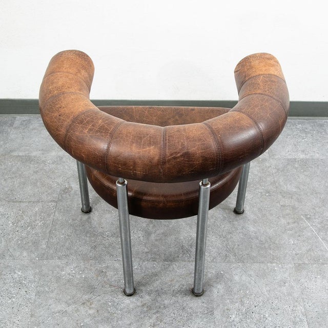 1960s 1960s Mid Century Danish Modern Lounge Chair Brown Leather Round Back Steel Cobra Seat For Sale - Image 5 of 12