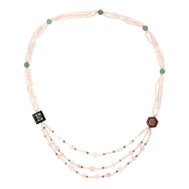 Rose Green Quartz Onyx Agate Long Necklace Estate Vintage Jewellery For Sale