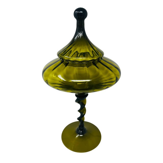 A striking mid-century modern statement piece, this large-format hand-blown Italian art glass compote was crafted in the...