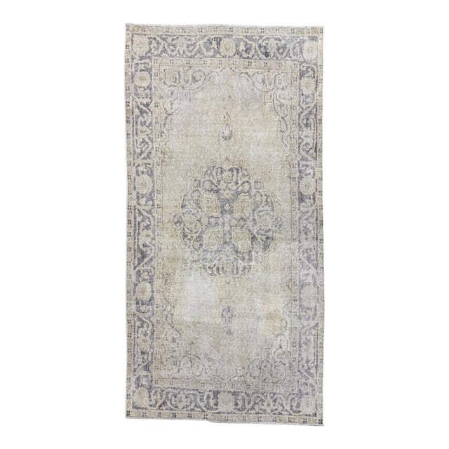 Antique Turkish Rug 4x7 | Faded Ivory & Blue-Gray For Sale