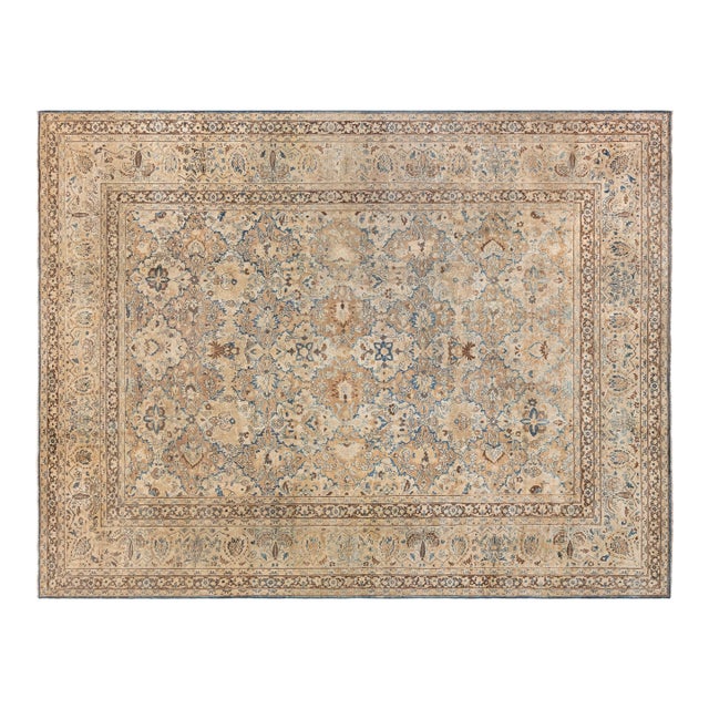 Antique Persian Meshad Botanic, Blue, Brown Hand Knotted Wool Rug For Sale