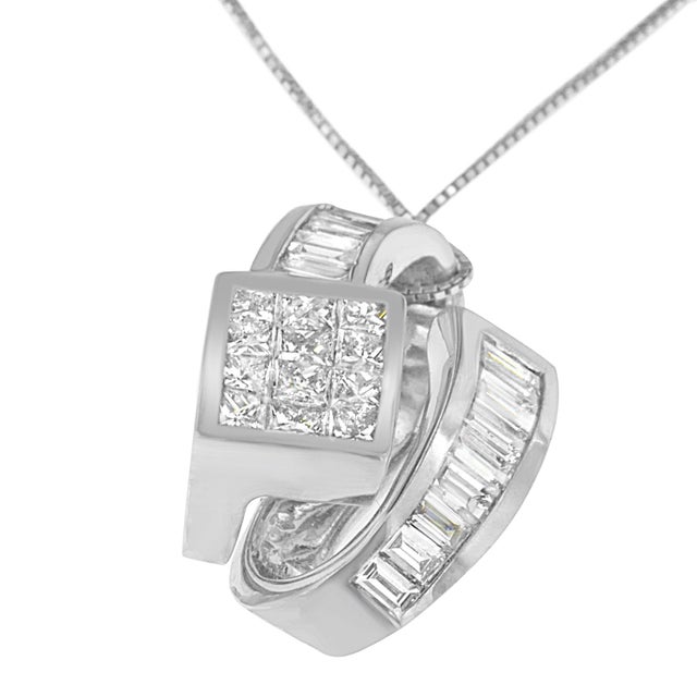 Contemporary 14K White Gold 2 cttw Princess and Baguette Cut Diamond Double Loop Pendant Necklace (G-H, VS1-VS2) For Sale - Image 3 of 7