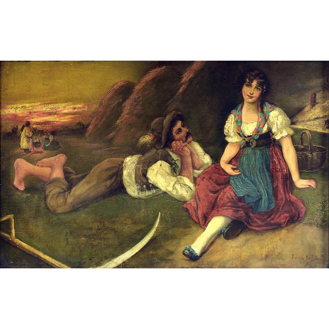 Very enchanting and suggestive vintage oil on canvas from the first years of the 20th century. Set on a mahogany burl...