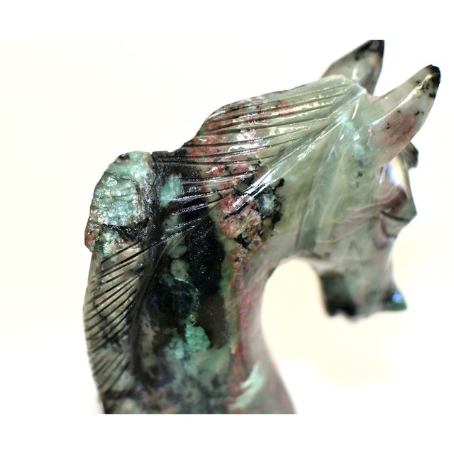 Natural Emerald Gemstone Horse Bust Sculpture Hand Carved Cherry Blossom For Sale - Image 9 of 13