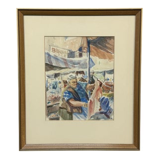 Vintage "Market" Original Watercolor Painting, Signed Franke 1969 For Sale