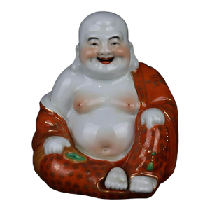 Chinese Vintage Ceramic Buddhist Sculpture,Hand Carved Famille Rose Porcelain Statue of Maitreya Buddha